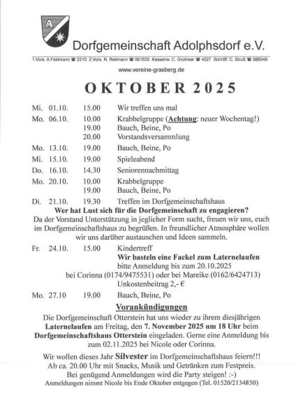 Programm für den Oktober 2025
