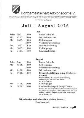 Programm für den Juli - August 2026